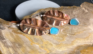 Turquoise Sea Glass and Copper Fold Formed Earrings.